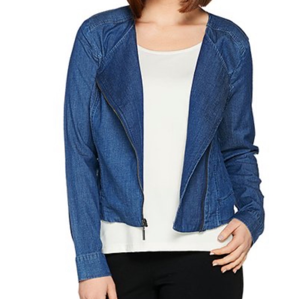 H by halston indigo strech chambray motocycle jacket size 14